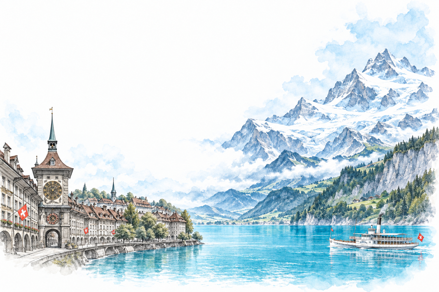 Акварельная панорама Берна, озера и Альп
